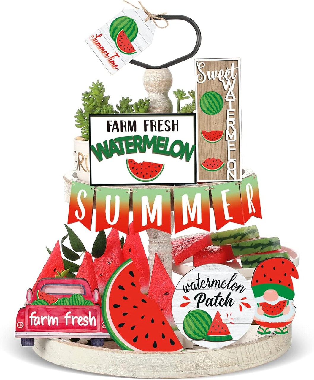 13 Pcs Summer Watermelon Tiered Tray Decor Set Summer Kitchen Decor Rustic Farmhouse Tier Tray Decor Items Watermelon Gnome Wooden Signs for Watermelon Party Decor Summer Home Decoration